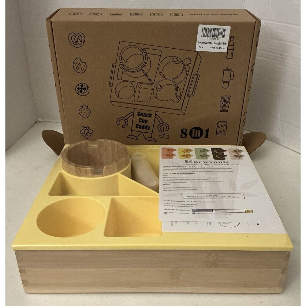 Nnewvante 8 in 1 Couch Snack Caddy Cup Holder Bamboo Tray Yellow New